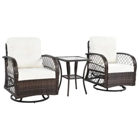 3pcs Outdoor Rattan Chat Furniture Set,  Patio Garden Seating Group Conversation Set with Swivel Chairs and Table -ModernLuxe image {8}