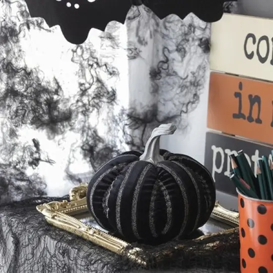 Whisen Fabric Stripe Pumpkin Decor, Holiday Halloween Decoration - Black & White image {1}