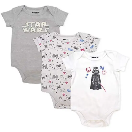 Star Wars Baby Boy's 3 Piece Graphic Printed Bodysuit Creeper with Snap Crotch Button and Shoulder Flaps Bundle Set for infant image {5}