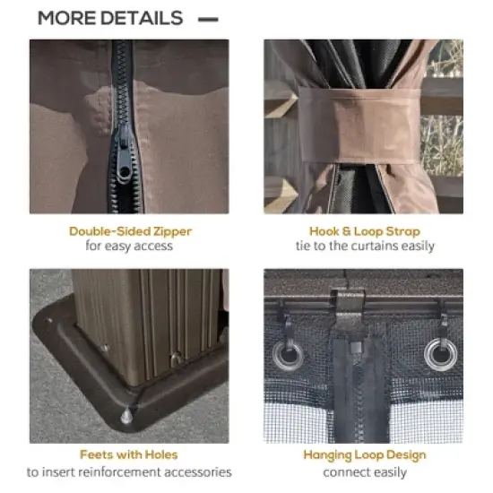 Outsunny Patio Gazebo 12' x 10', Netting & Curtains, Double Vented Steel Roof, Permanent Hardtop, Ceiling Hooks, Rust Proof Aluminum Frame, Dark Brown image {4}