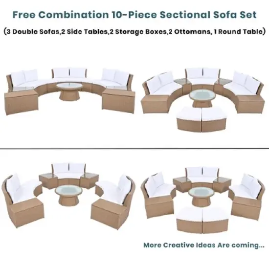 10-Piece Outdoor Patio Rattan Sofa Set with Cushions, Side Tables, Ottomans & Round Table &acirc;&acirc;&sbquo;?Light Gray PE Wicker Sectional Set image {8}
