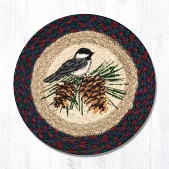 Earth Rugs Round Trivet &ndash; Chickadee Bird Print on Braided Jute, 10"x10", Rustic Nature-Inspired Design image {3}