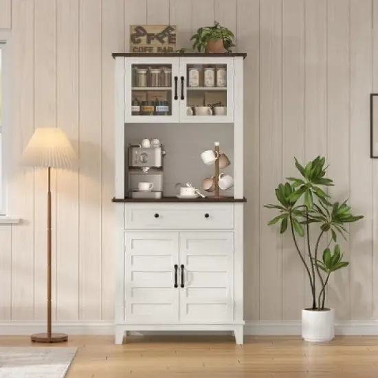 Set of 2 Tall Storage Cabinet, Freestanding Kitchen Pantry Organizer with Drawer & Adjustable Shelves, Bathroom Cabinet for Dining Room image {2}