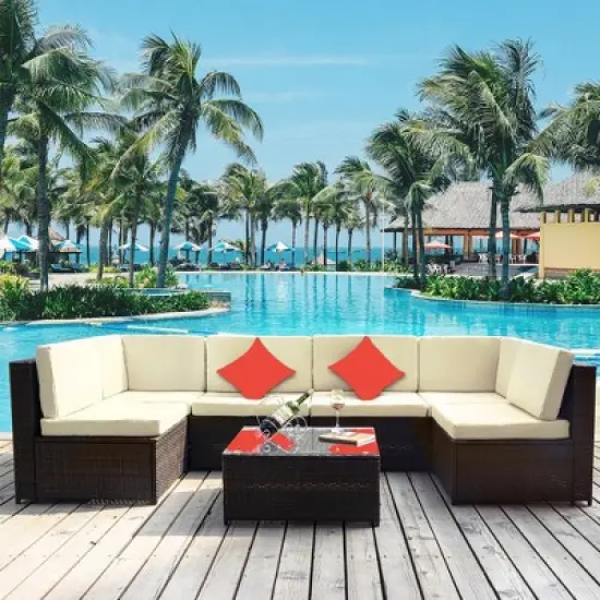 7pc Wicker Patio Sofa Set with Cushions - Brown/Beige - GODEER image {2}