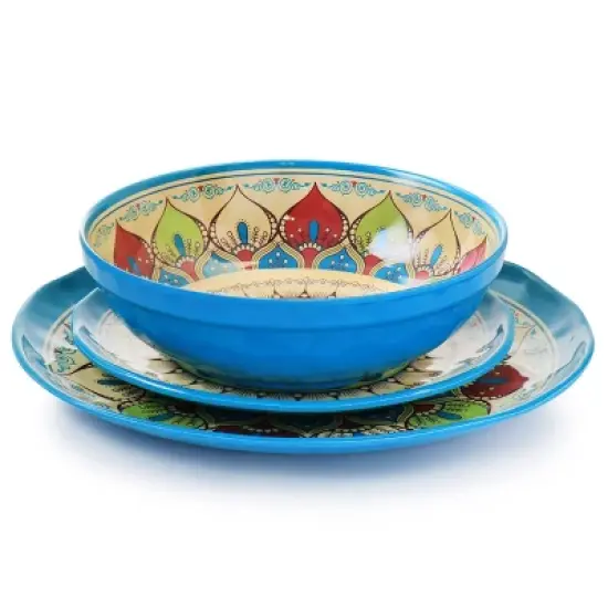 12pc Camilla Melamine Dinnerware Set - Elama: Off-White Medallion Pattern, Service for 4, Dishwasher-Safe, Includes Plates & Bowls image {2}