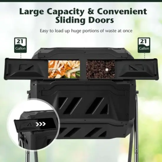 Costway 42-Gal Compost Bin Dual Chamber Composting Tumbler with 2 Sliding Doors Metal Frame Black/Green image {5}