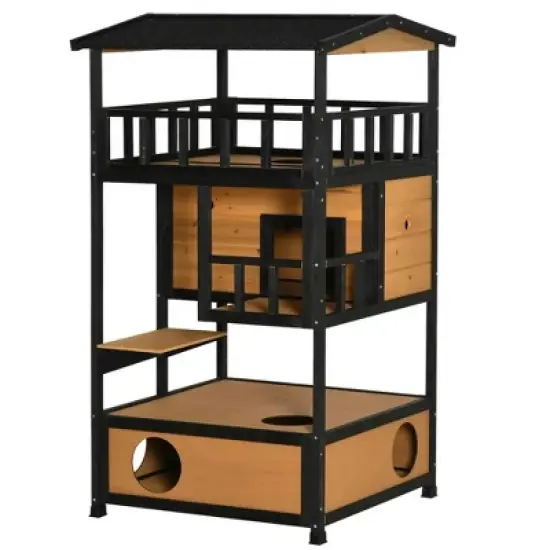Resenkos Wooden Outdoor Cat House, Feral Cat Shelter Kitten Condo with Asphalt Roof, Escape Doors, Condo, Jumping Platform, Yellow image {2}