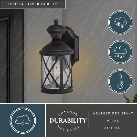 VAXCEL Henderson 1 Light Textured Black Motion Sensor Dusk to Dawn Outdoor Wall Lantern Clear Glass Shade, LED Compatible image {4}