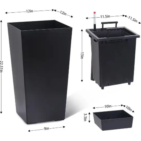 22.4 Inch Tall Planter Set of 2, Indoor &pound;&brvbar; Outdoor Black Taper Planter with Shelf Insert, Self-Absorbing Plastic Flower Pots, Large Resin Plant Pots image {1}