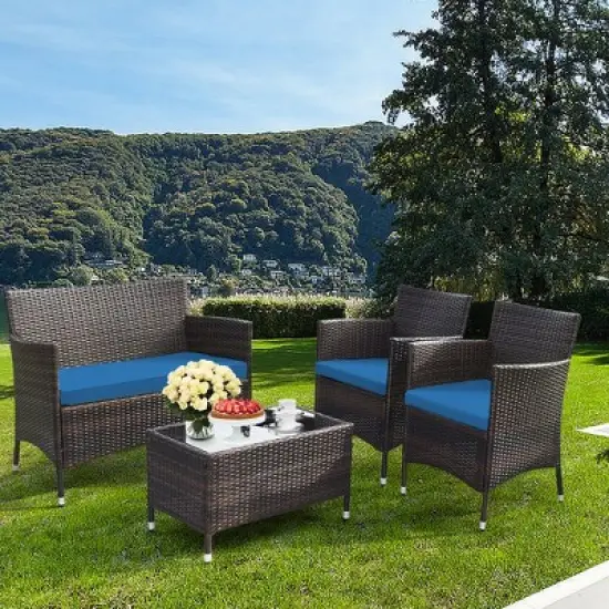 Tangkula 4PCS Patio Rattan Conversation Furniture Set Outdoor w/ Peacock Blue Cushion image {1}