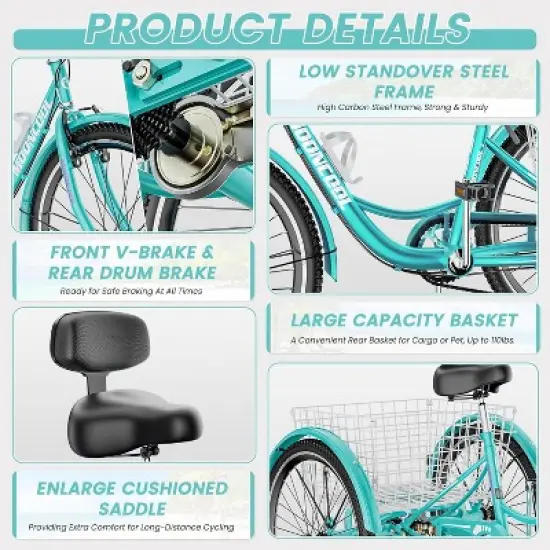 DoCred Trikes, 24 Inch 7 Speed Tricycles, Three Wheel Bikes with Basket image {2}