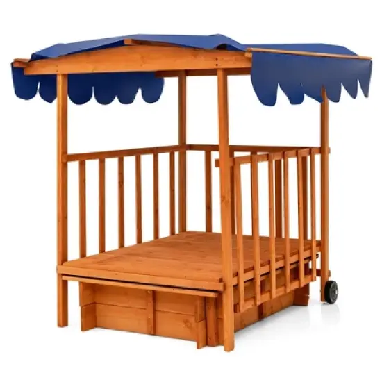 Costway Wooden Retractable Sandbox  with Cover & Built-in Wheels Kids Outdoor Playhouse image {8}