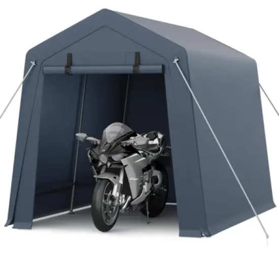 7x10FT Portable Outdoor Storage Shed with 2 Roll-Up Zipper Doors & Vents,Waterproof PE Tarp,UV-Resistant Carport for Motorcycle,Firewood,Tools-Gray image {1}