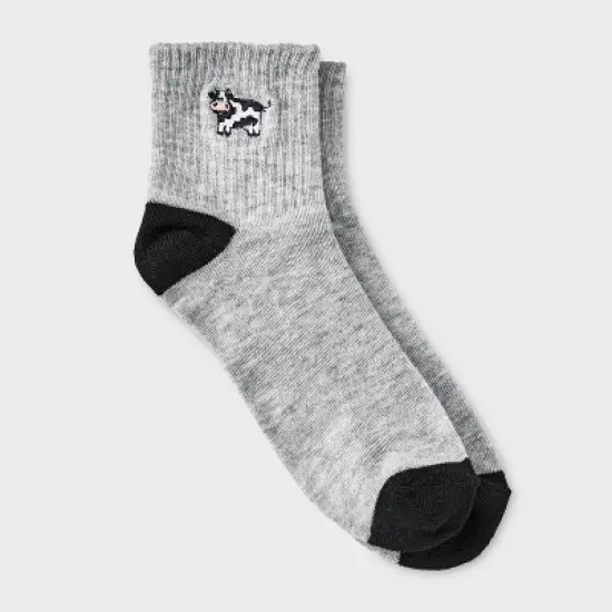 Women's Embroidered Cow Ribbed Ankle Socks - Heather Gray 4-10: Lightweight, Recycled Polyester, Banded Cuff, Machine Washable image {3}