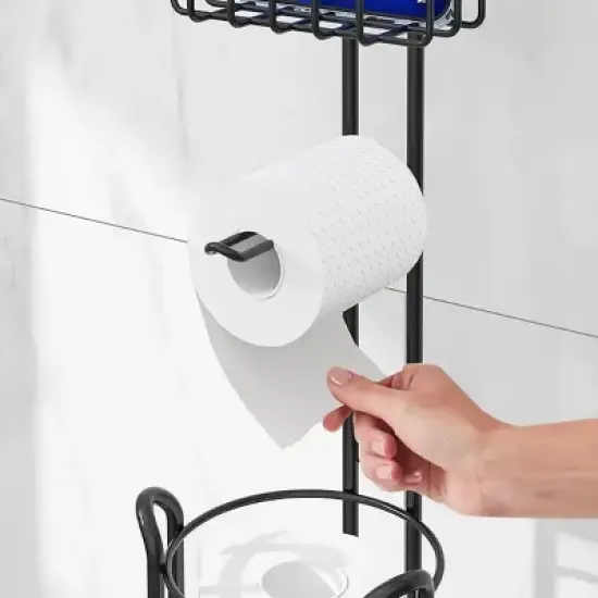 SEVOBAL Tissue Paper Roll Stand Shelf Bathroom Toilet Paper Storage Holder Floor Standing Toilet Paper Dispenser, Black, 14.04"*7.22"*2.34" image {5}