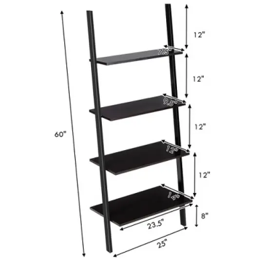 Costway Industrial Ladder Shelf 4-Tier Leaning Wall Bookcase Plant Stand Rustic Black/Brown image {1}