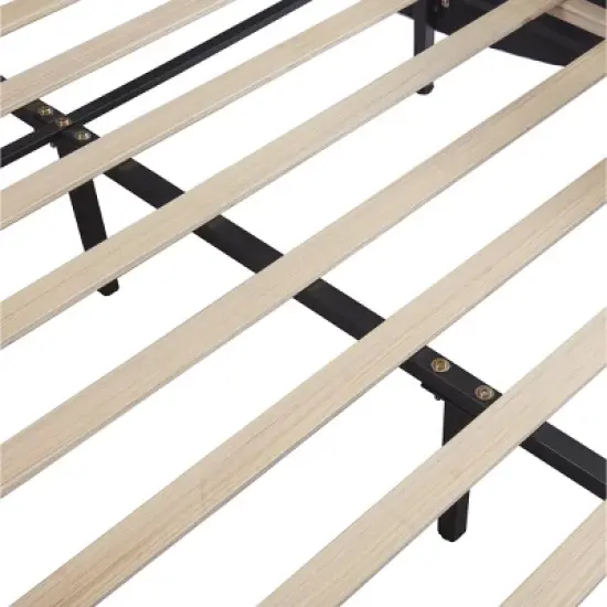 Upholstered Faux Leather Platform Bed with LED Light Bed Frame with Slatted-ModernLuxe image {4}