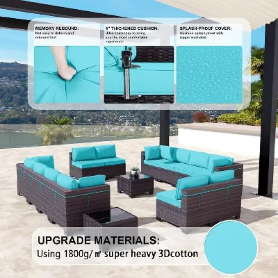 ALAULM 14 Pieces Outdoor Patio Furniture Set Outdoor Sectional Rattan Sofa Set Brown Manual Wicker Patio Conversation Set image {3}