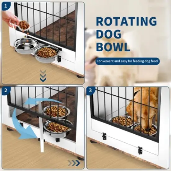 Multi-Functional Dog Crate Furniture - Cat Scratching Post, Resting Platform, Rotating Food Bowl, 2 in 1 Wood & Metal Pet Kennel Cage for Homes image {4}