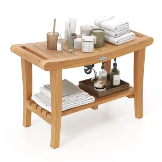 Tangkula 30" Large Teak Shower Stool w/ Storage Shelf Non-slip & Adjustable Foot Pads image {10}