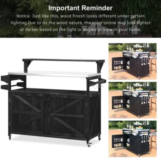 Whisen Outdoor Solid Wood Kitchen Island with Raised Shelf, Storage Cabinet with Stainless Steel Top, Internal Storage Rack image {5}