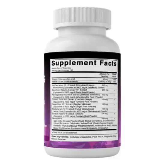 Sea Moss 3000mg with Black Seed Oil, Ashwagandha, Turmeric, Bladderwrack, Burdock - 180 Veg Capsules image {6}