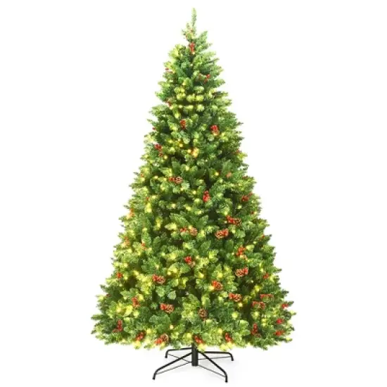 Costway 4.5Ft\6.5Ft\7.5Ft Pre-lit Hinged Christmas Tree w/ Pine Cones Red Berries and 300\450\450 LED Lights image {11}