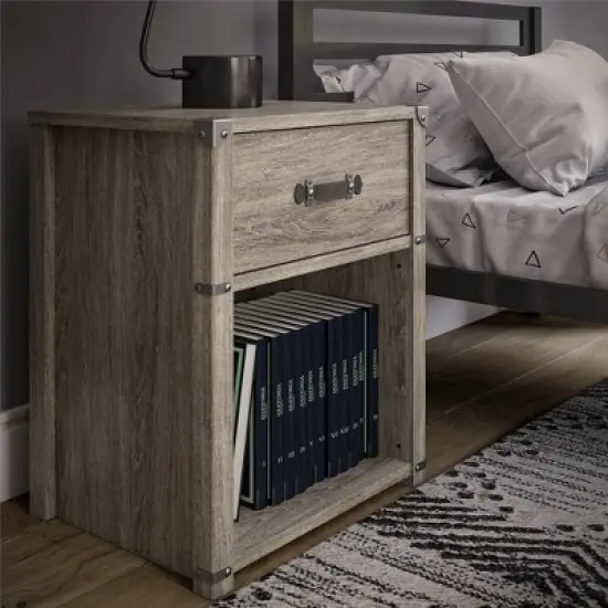 Little Seeds Nova 1 Drawer Storage Nightstand with Leather Drawer Pull, Gray Oak image {1}