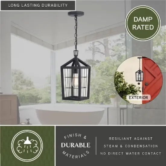 VAXCEL Gage 7-in Black Outdoor Farmhouse Wire Cage Pendant, 1-Light Hanging Ceiling Light with Clear Glass Panels image {4}