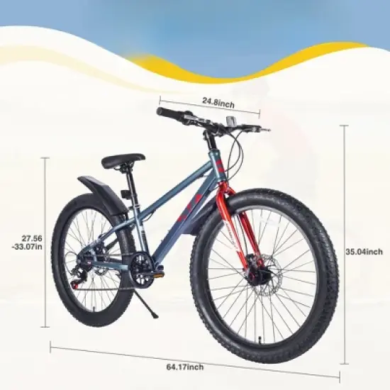 DSVIMOY Bicycles, 24 Inch Bicycle with Adjustable Seat, Fat Tire Mountain Bike for Boys and Girls, Gray, 64.17"*24.8"*35.04" image {1}