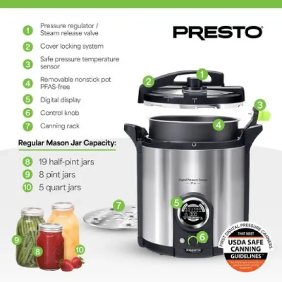 Presto Precise 02152 17 Quart Electric Pressure Canner, Stainless Steel Digital Boiling Water Canner with Removable Pot for Kitchen, Silver image {2}