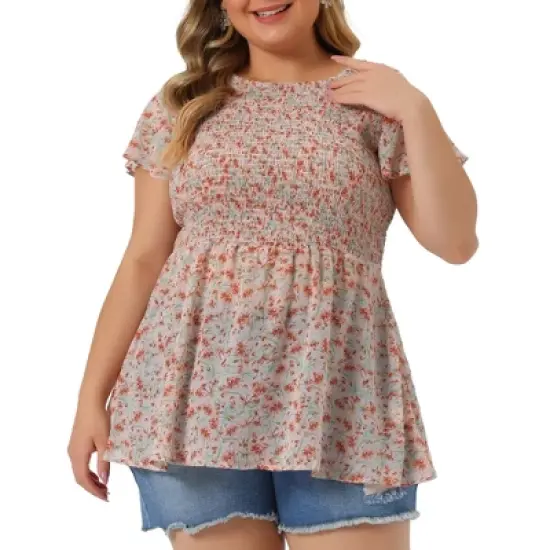 Agnes Orinda Women's Plus Size Chiffon Smock Waist Ditsy Floral Peplum Blouse image {10}