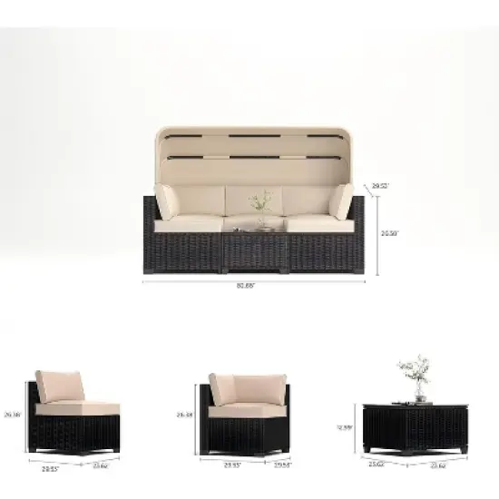 6-Piece Rattan Patio Furniture Set, Adjustable Canopy and Backrest Sectional Sofa for Outdoor Relaxation image {2}