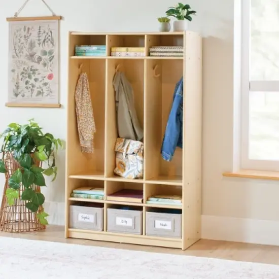 Guidecraft EdQ 3-Section Wooden Storage Locker for Classroom, Kids Cubby Organizer with Shelves and Hooks for Coats image {4}
