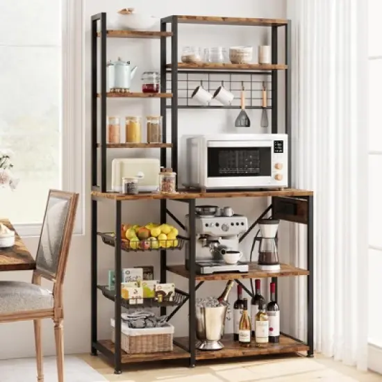 7-Tier Bakers Rack with Power Outlets,35.4 Inch Industrial Kitchen Microwave Stand with Wire Baskets image {3}