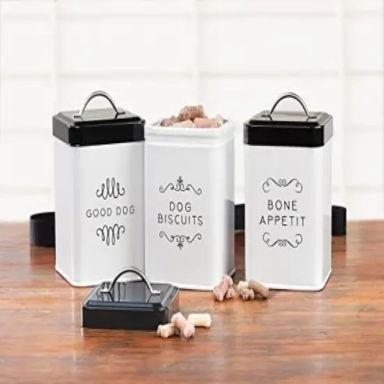 Amici Pet Treat Storage, Sparky Bone Appetit, Dog Biscuits, & Good Dog Metal Storage Canister, White & Black Push Top Lid, Set of 3,36 oz. image {1}