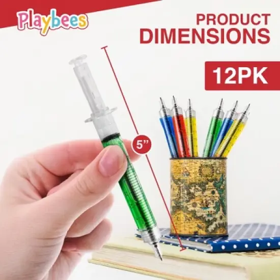 Playbees Syringe Retractable Ballpoint Pens - 12 Pack: Fun & Functional Writing Tools for All Ages image {1}