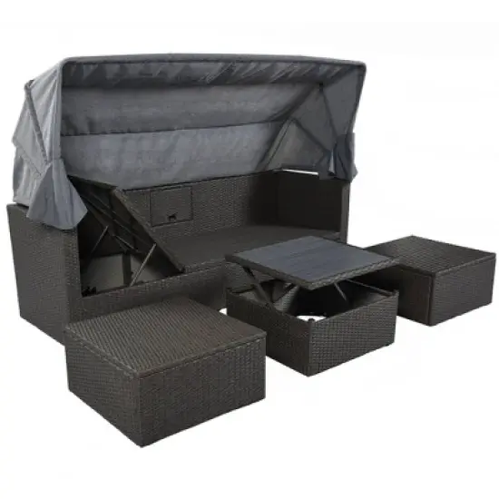 4pc Outdoor Wicker Rectangle Daybed with Canopy & Cushions - Gray - GODEER image {11}