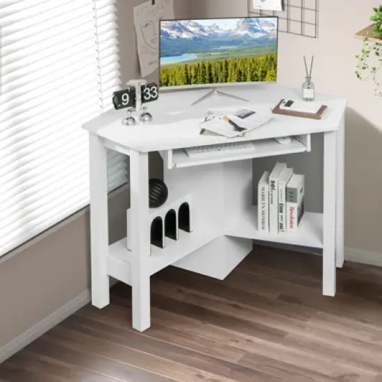 Costway Wooden Corner Desk With Drawer Computer PC Table Study Office Room White image {3}