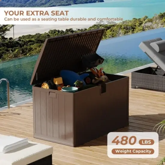 130 Gallon Outdoor Resin Deck Box, Waterproof Lockable Patio Storage Container, Large Brown Deck Box for Package Delivery image {2}
