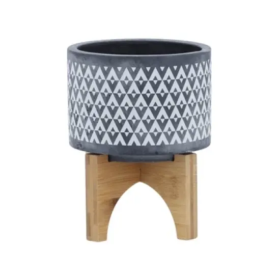 Sagebrook Home With Wooden Stand Aztec Ceramic Planter Pots Gray image {7}