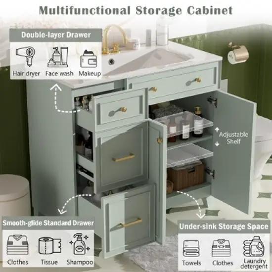 TiramisuBest 36" Bathroom Vanity with Ceramic Sink, Standard and Double-Layer Drawers, Soft Close Doors, Adjustable Shelves, Modern Storage Cabinet image {4}