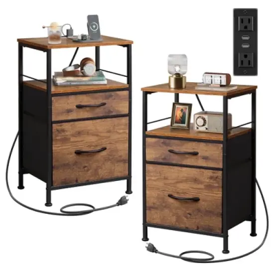 GALAXHERO  Night Stand Set 2, Nightstand with Charging Station, Bedside Tables for Bedroom, Side Table,Rustic Brown image {5}