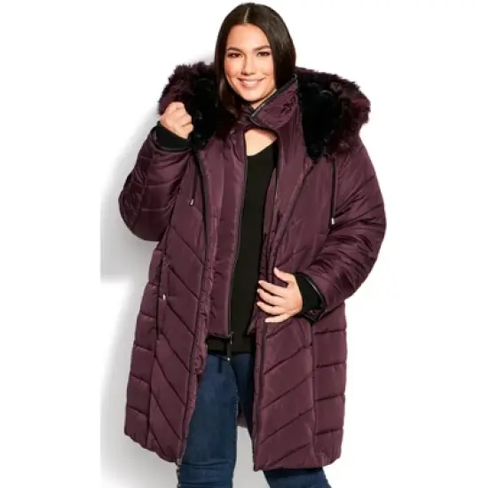 Women's Plus Size Chevron Long Puffer Coat  - Rosewood | AVENUE image {7}