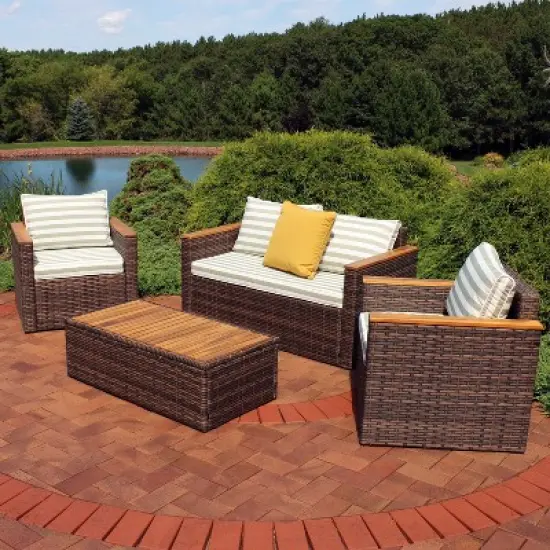 Sunnydaze Outdoor Rattan and Acacia Wood Kenmare Patio Conversation Furniture Set with Loveseat, Chairs, Table, and Seat Cushions - Green Stripe - 4pc image {1}