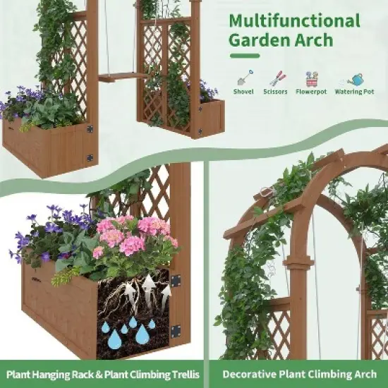 Acekool Wood Garden Arbor with Planter Boxes and Detachable Swing, Outdoor Arch Trellis for Climbing Plants, Brown image {2}