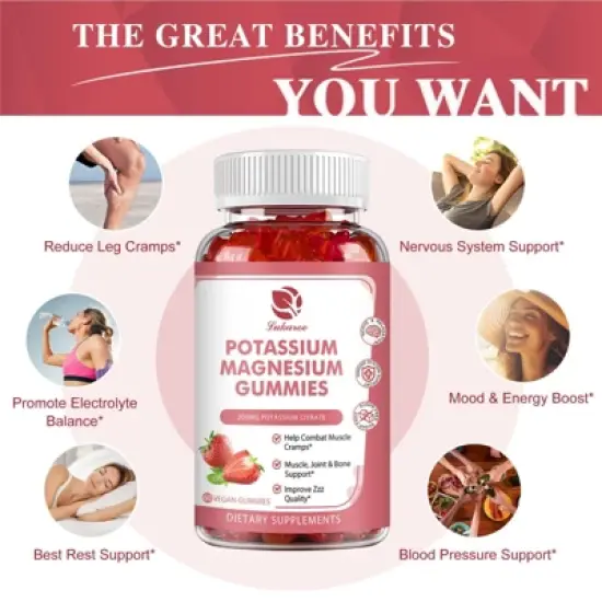 Lukaree High Absorption Magnesium Glycinate 500mg & Potassium Citrate 200mg - Chewable Gummy for Calm Mood & Energy - 60 Count image {2}