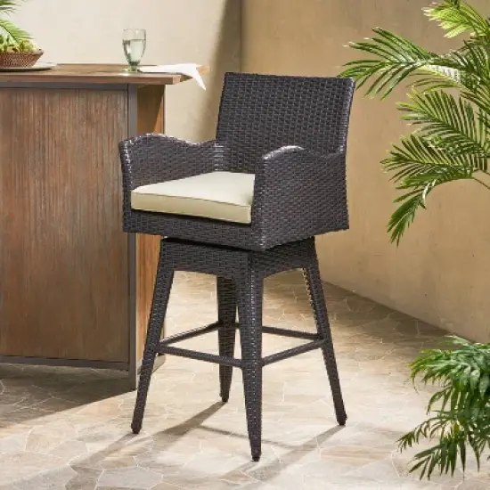 Braxton Wicker Swivel Patio Bar Stool with Cushion - Multi-Brown - Christopher Knight Home image {1}