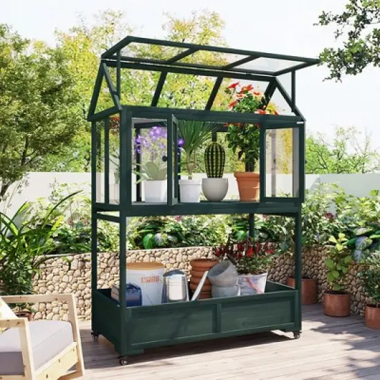 69.3" Wooden Greenhouse for Outdoors, Portable Cold Frame Plant House with Openable Roof & Wheel, Movable Mini Greenhouse for Garden Backyard image {9}