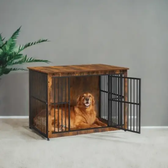 Heather Greige Dog Crate Furniture.as a 43.3" side end table.for dogs up to 80 lb, with a heavy-duty cage, enclosed base and double - door design. image {8}